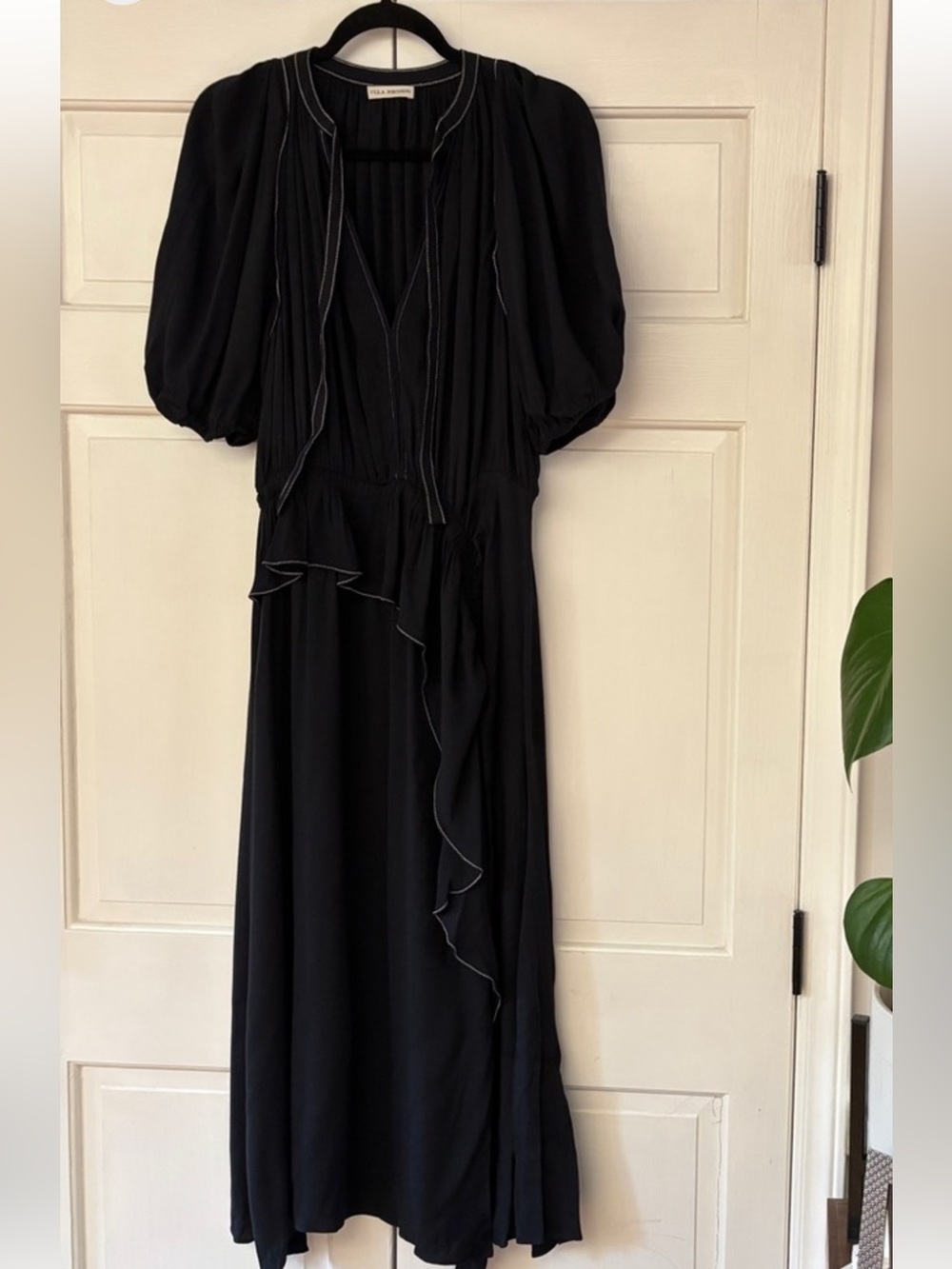 👗 Ulla Johnson Gorgeous Leah Dress Noir Midi Puff Sleeve Contrast Stitch 👗 - Picture 3 of 5
